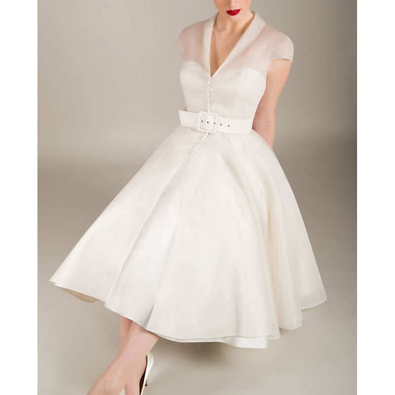 A-Line Cocktail Dresses 1950s Dress Valentine's Day Wedding Guest Knee Length Sleeveless V Neck Tulle with Sash / Ribbon Dresses