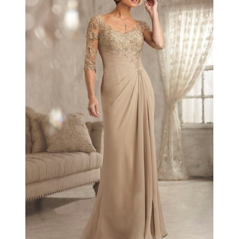 Sheath Mother of the Bride Dress Wedding Guest Plus Size Sexy See Through V Neck Floor Length Chiffon Lace Half Sleeve with Lace dress to impress4