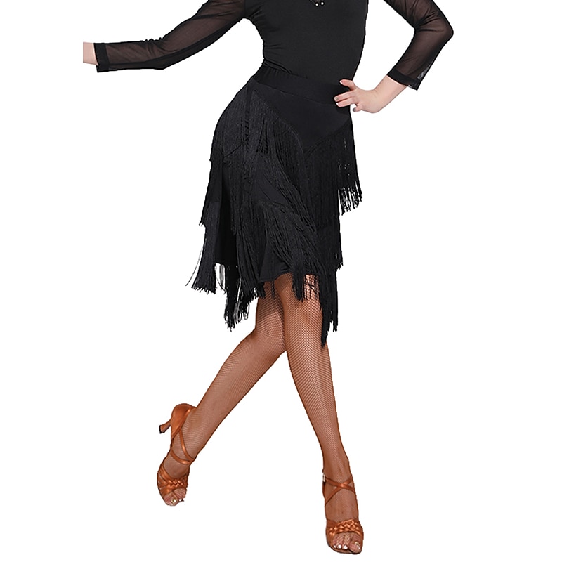 Latin Dance Skirts Fringed Tassel Split Women's Training Performance Natural Spandex Chiffon Polyster