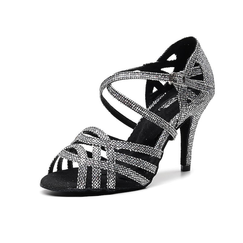 Women's Latin Dance Shoes Ballroom Dance Shoes Line Dance Performance Training Party Glitter Crystal Sequined Jeweled Heel Buckle Slim High Heel Cross Strap Silver Black Gold