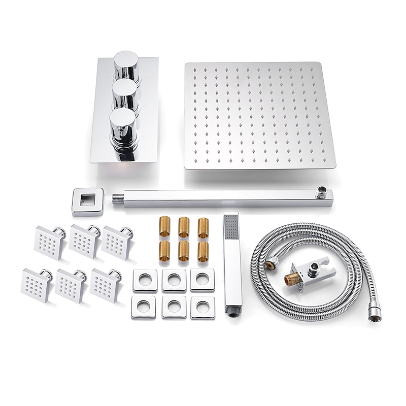 Shower Faucet,12 inch Chrome Shower Faucets Sets Complete with Brass Shower Head and Solid Brass Handshower+Wall MountedRainfall Shower Head System(Contain Bodysprays,Shower Arm,Handshower)2