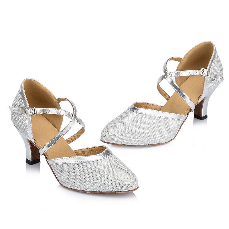 Women's Ballroom Dance Shoes Modern Shoes Performance Training Party Heel Glitter Net Thick Heel Buckle Silver Gold Beige 13
