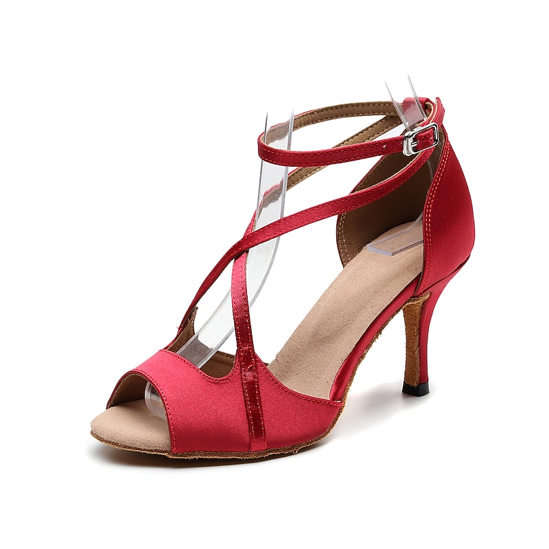 Women's Black Satin Peep-Toe Dance Heels with Soft Suede Sole – Strappy Latin Ballroom Shoes with Ankle Strap for Salsa & Performance2