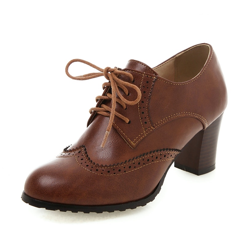 Women's Vintage Brown Oxford Heels - Perfect for Office and Formal Events, Featuring Brogue Detailing and Comfortable Mid Heel2