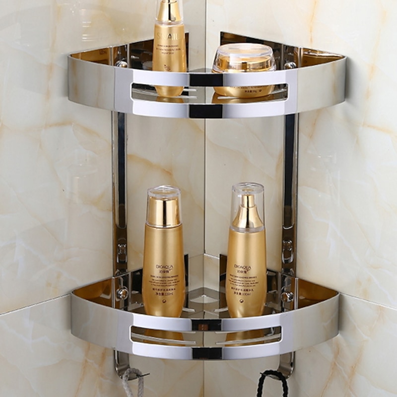 Multifunction Bathroom Shelf Modern Stainless Steel Wall Mounted Corner Shelf With Hooks Silvery 1pc4