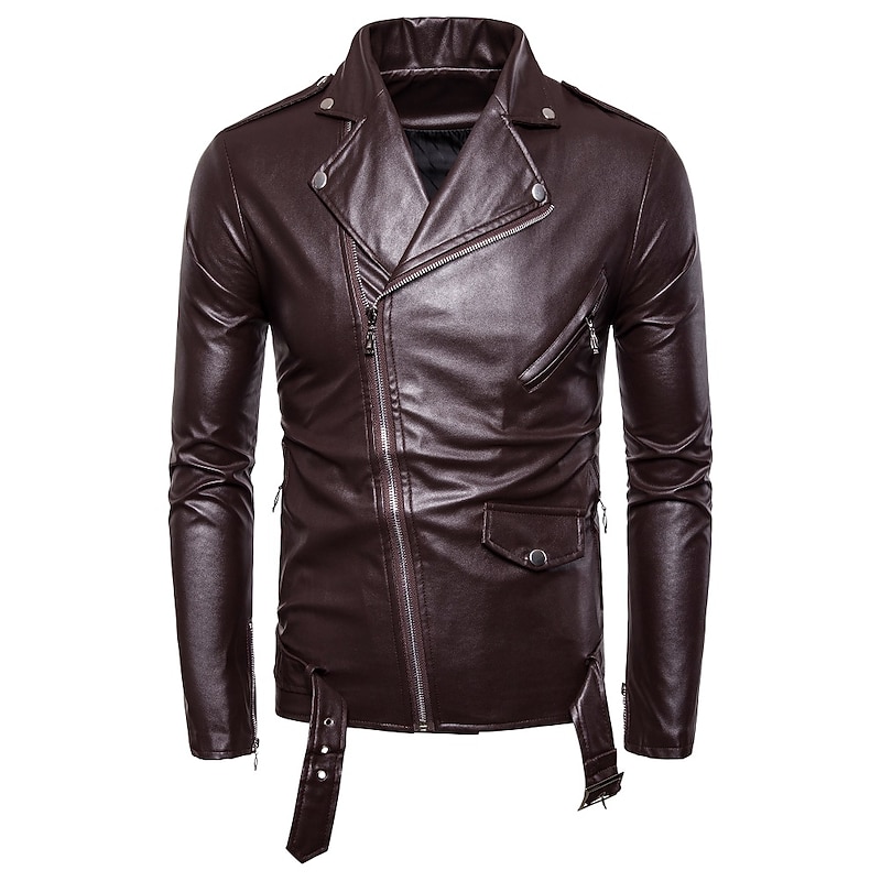 Men's Faux Leather Jacket Transition Jacket Biker Jacket Patent Leather Jacket Party Work Thermal Warm Rain Waterproof Fall Color Block Solid Colored Streetwear Punk & Gothic Notch lapel collar2