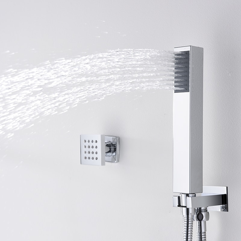 Shower Faucet,12 inch Chrome Shower Faucets Sets Complete with Brass Shower Head and Solid Brass Handshower+Wall MountedRainfall Shower Head System(Contain Bodysprays,Shower Arm,Handshower)4