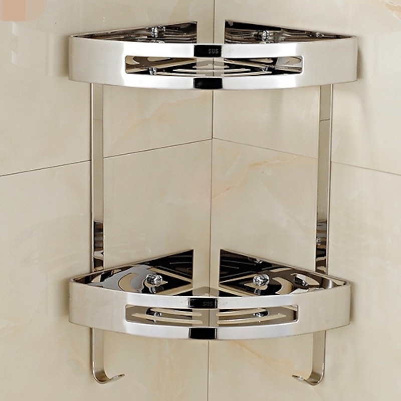 Multifunction Bathroom Shelf Modern Stainless Steel Wall Mounted Corner Shelf With Hooks Silvery 1pc