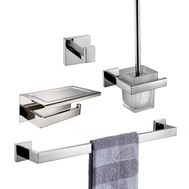 Multifunction Bathroom Accessory Set Stainless Steel with Toilet Paper Holder Robe Hook Toilet Brush Holder and Towel Rack Wall Mounted Silvery 4pcs