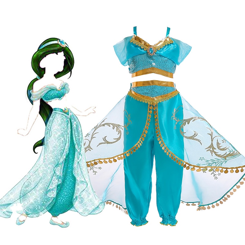 Princess Jasmine Dress Cosplay Costume Flower Girl Dress Girls' Movie Cosplay A-Line Slip Green LightBlue Top Pants Christmas Carnival Children's Day World Book Day Costumes