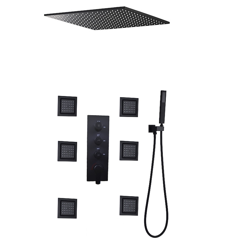 Shower Faucet,Contemporary Black Bath Shower Faucet Set / 16 Inch Bathroom Rain LED Shower Head / Hot And Cold Mixer Valve / Brass Hand Shower Included2