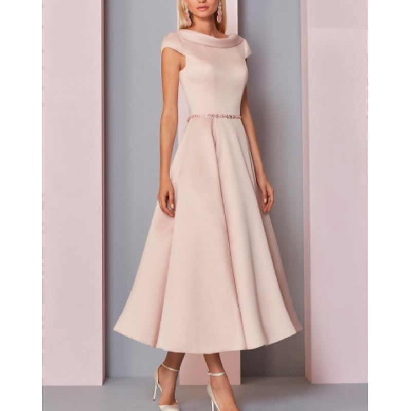A-Line Mother of the Bride Dress Wedding Guest Plus Size Cowl Neck Ankle Length Satin Short Sleeve with Crystalss dress to impress3