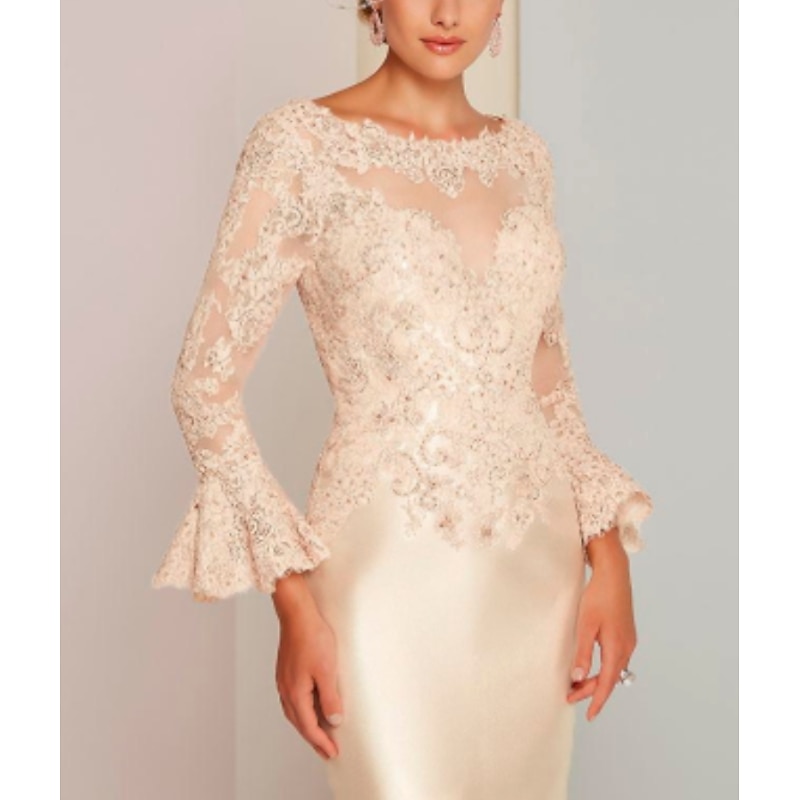 Beach Wedding Sheath Gold Dresses Mother of the Bride Dress Elegant Vintage Luxurious Jewel Neck Knee Length Satin Lace Long Sleeve with Appliques dress Race Day Dress2