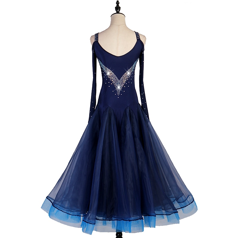 Ballroom Dance Dress Embroidery Crystals / Rhinestones Women's Performance Training Long Sleeve Spandex Elastane Tulle2