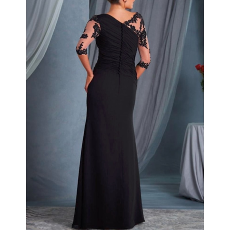 A-Line Mother of the Bride Dress Wedding Guest Plus Size Bateau Neck Floor Length Chiffon Lace Half Sleeve with Draping Appliques dress to impress3