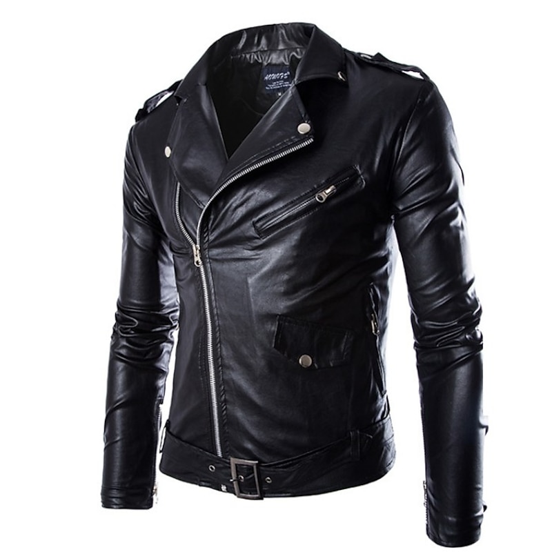Men's Faux Leather Jacket Transition Jacket Biker Jacket Patent Leather Jacket Party Work Thermal Warm Rain Waterproof Fall Color Block Solid Colored Streetwear Punk & Gothic Notch lapel collar3