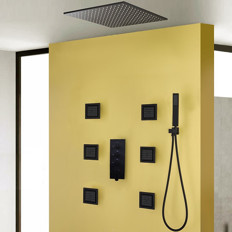 Shower Faucet,Contemporary Black Bath Shower Faucet Set / 16 Inch Bathroom Rain LED Shower Head / Hot And Cold Mixer Valve / Brass Hand Shower Included3