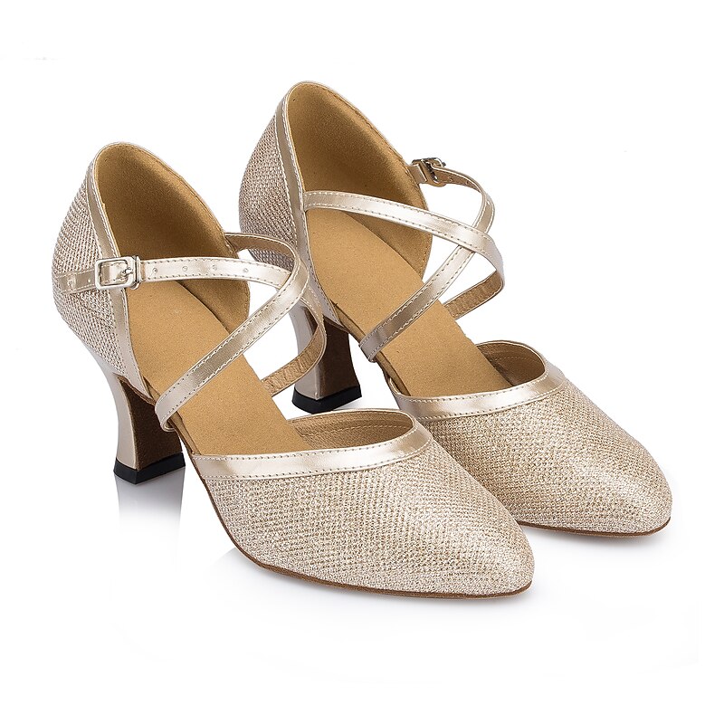 Women's Ballroom Dance Shoes Modern Shoes Performance Training Party Heel Glitter Net Thick Heel Buckle Silver Gold Beige 10