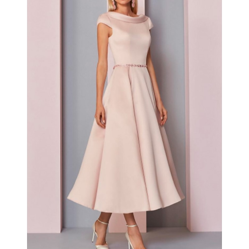 A-Line Mother of the Bride Dress Wedding Guest Plus Size Cowl Neck Ankle Length Satin Short Sleeve with Crystalss dress to impress