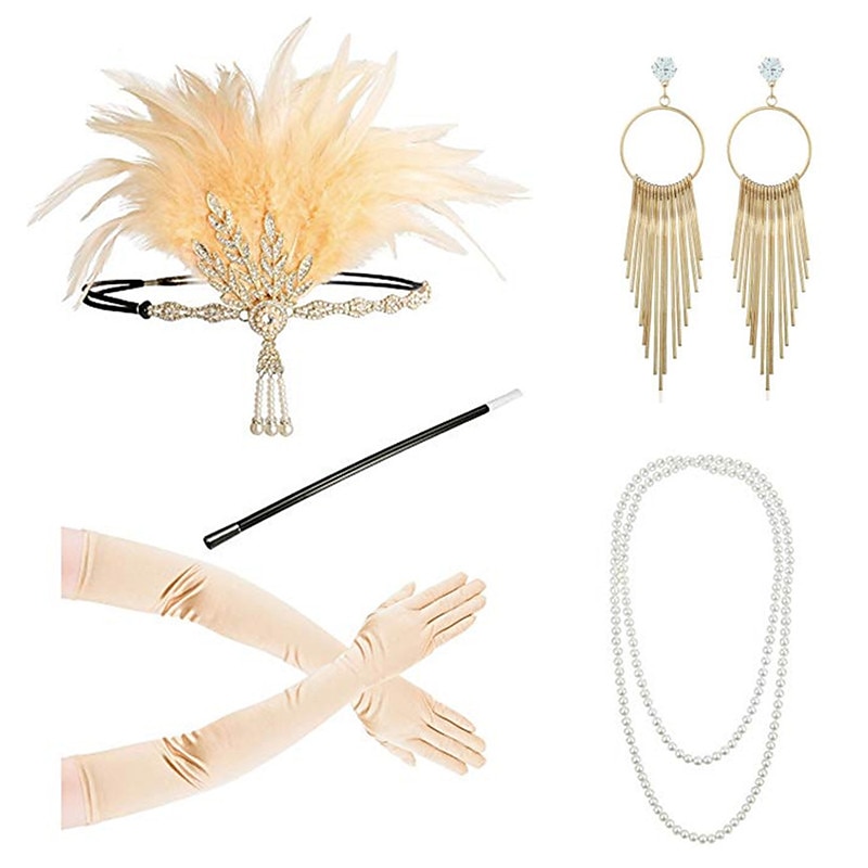 Vintage 1920s The Great Gatsby Flapper Headband Accessories Set Charleston Wedding Guest Feather Fancy Dress Women's Wedding Reception Bachelorette Party Festival Adults' Gloves3