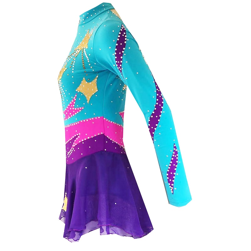 Figure Skating Dress Women's Girls' Ice Skating Dress Pale Blue Patchwork Spandex High Elasticity Competition Skating Wear Handmade Solid Colored Long Sleeve Ice Skating Figure Skating3
