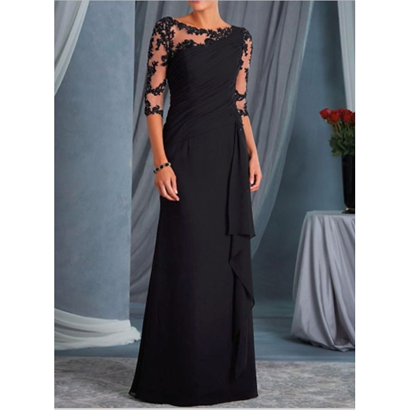 A-Line Mother of the Bride Dress Wedding Guest Plus Size Bateau Neck Floor Length Chiffon Lace Half Sleeve with Draping Appliques dress to impress2