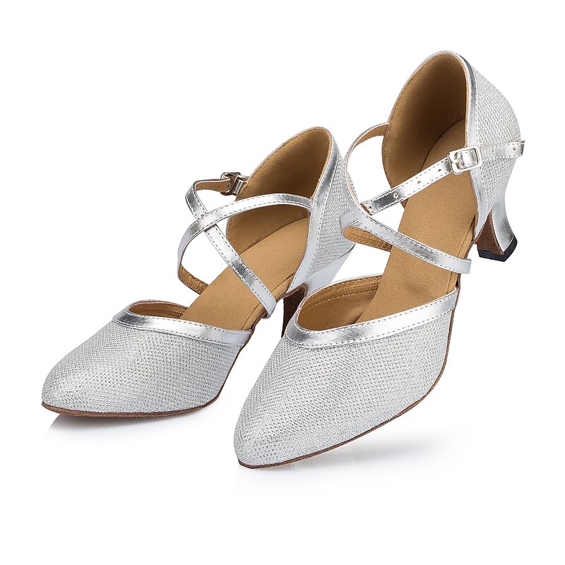 Women's Ballroom Dance Shoes Modern Shoes Performance Training Party Heel Glitter Net Thick Heel Buckle Silver Gold Beige 11