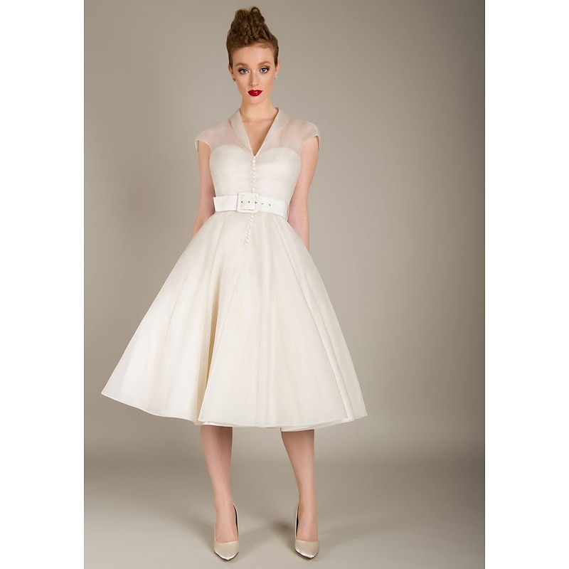 A-Line Cocktail Dresses 1950s Dress Valentine's Day Wedding Guest Knee Length Sleeveless V Neck Tulle with Sash / Ribbon Dresses4