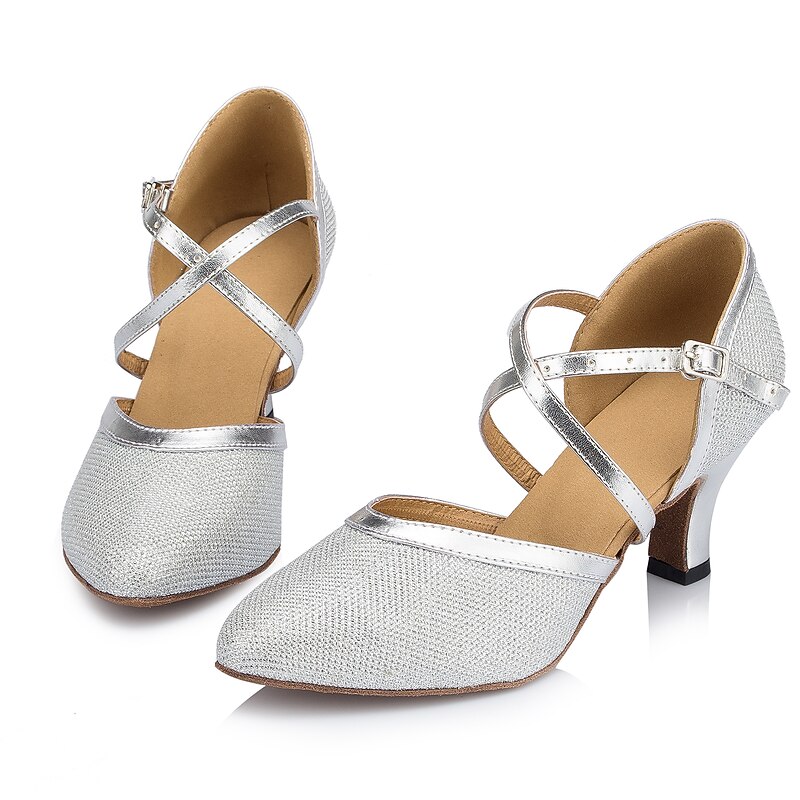 Women's Ballroom Dance Shoes Modern Shoes Performance Training Party Heel Glitter Net Thick Heel Buckle Silver Gold Beige 12