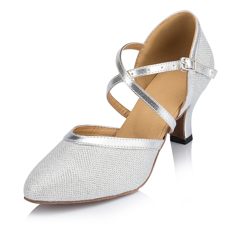 Women's Ballroom Dance Shoes Modern Shoes Performance Training Party Heel Glitter Net Thick Heel Buckle Silver Gold Beige4