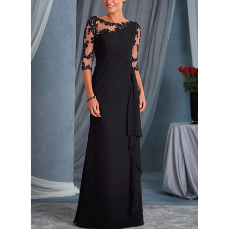A-Line Mother of the Bride Dress Wedding Guest Plus Size Bateau Neck Floor Length Chiffon Lace Half Sleeve with Draping Appliques dress to impress