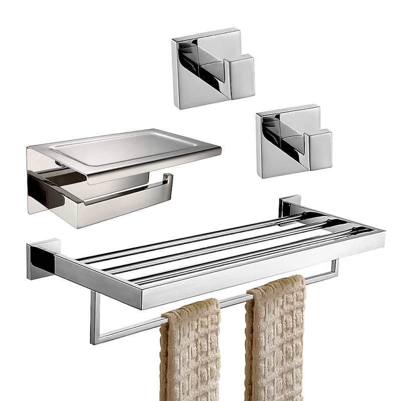 Bathroom Accessory Set Include Toilet Paper Holder/Bathroom Shelf and 2 Robe Hooks Multifunction Stainless Steel Silvery 4pcs
