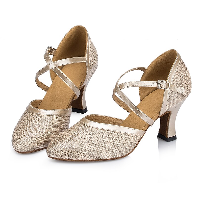 Women's Ballroom Dance Shoes Modern Shoes Performance Training Party Heel Glitter Net Thick Heel Buckle Silver Gold Beige 8