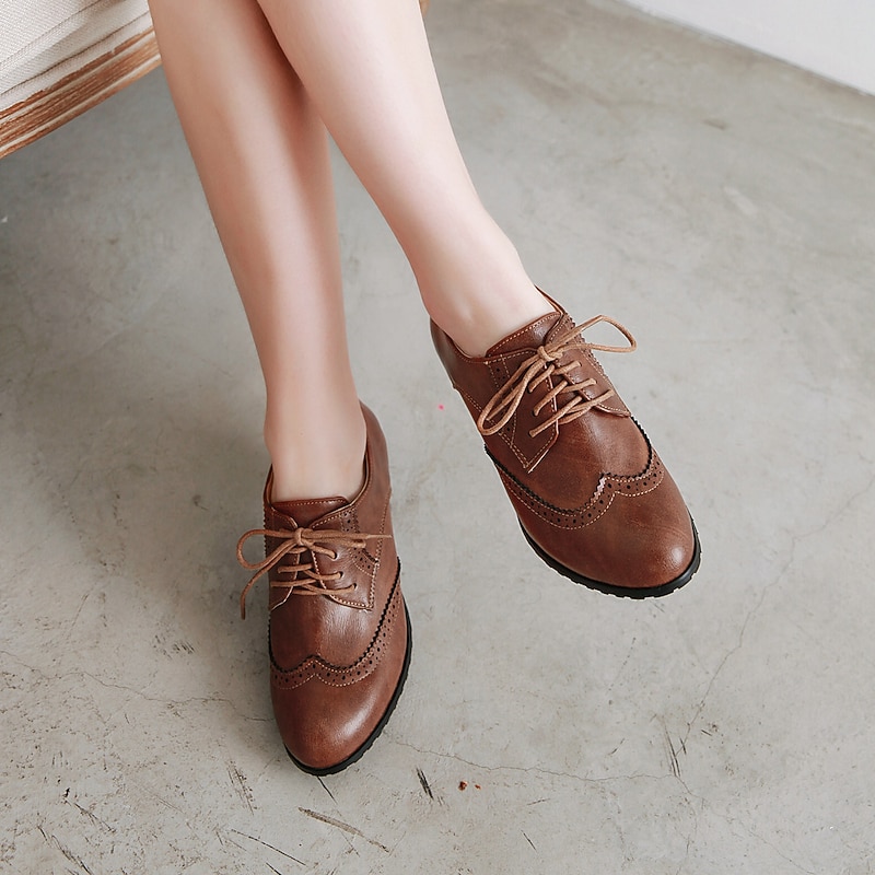 Women's Vintage Brown Oxford Heels - Perfect for Office and Formal Events, Featuring Brogue Detailing and Comfortable Mid Heel4