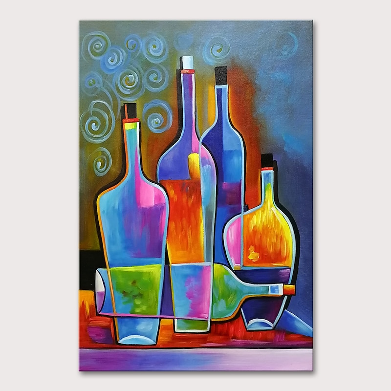 Oil Painting 100% Handmade Hand Painted Wall Art On Canvas Wine Bottle Colorful Vertical Still Life Modern Home Decoration Decor Rolled Canvas No Frame Unstretched3