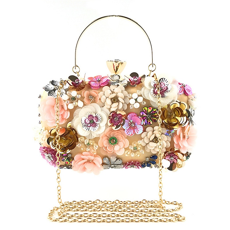 Women's Floral Embellished Evening Clutch – 3D Flower Handbag with Gold Chain Strap for Weddings, Proms, and Formal Parties