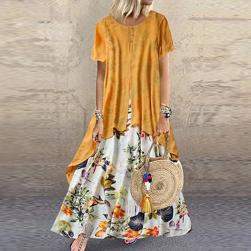 Women's Casual Dress Linen Dress Swing Dress Long Dress Maxi Dress Green Short Sleeve Floral Patchwork Summer Spring Crew Neck Fashion 2023 5XL4