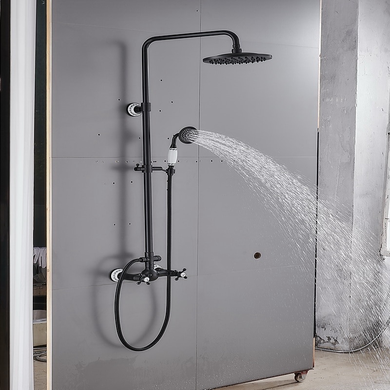 Two Handles Shower Systerm Set, Black Brass Faucet Three Holes Adjustable Electroplated Rainfall High Pressure Shower Mixer Taps with Rain Shower and Hand Shower4