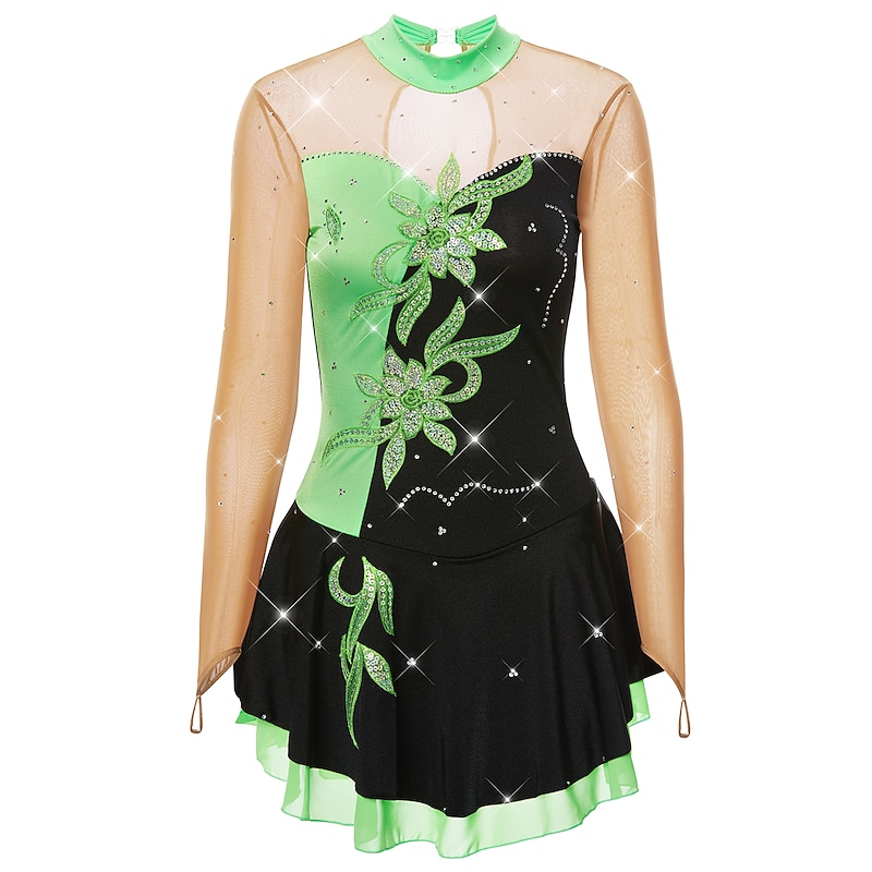 Figure Skating Dress Women's Girls' Ice Skating Dress Outfits Black / Green Patchwork Spandex Stretch Yarn High Elasticity Competition Skating Wear Classic Long Sleeve Figure Skating