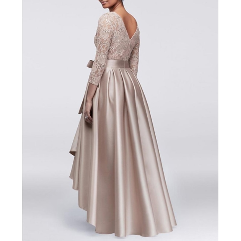 A-Line Mother of the Bride Dress Wedding Guest Elegant Plus Size High Low Jewel Neck Asymmetrical Satin Lace 3/4 Length Sleeve with Sash / Ribbon Appliques3