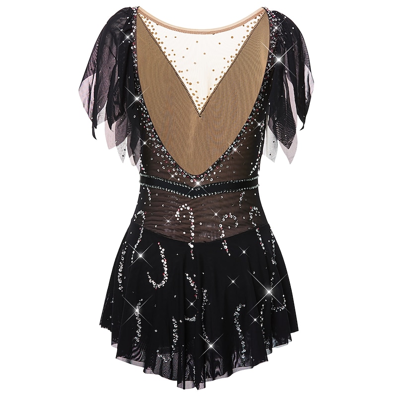 Figure Skating Dress Women's Girls' Ice Skating Dress Outfits Violet Black White Open Back Spandex Stretch Yarn High Elasticity Training Competition Skating Wear Handmade Solid Colored Classic3