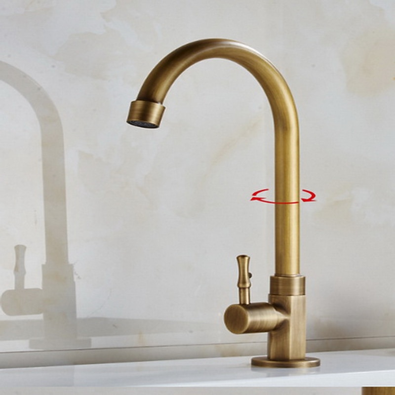 Traditional Kitchen Sink Faucet Cold Water Only, Retro Brass Single Handle Kitchen Tap Golden Electroplated Standard Spout3