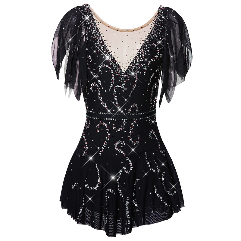 Figure Skating Dress Women's Girls' Ice Skating Dress Outfits Violet Black White Open Back Spandex Stretch Yarn High Elasticity Training Competition Skating Wear Handmade Solid Colored Classic2