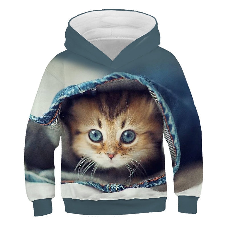 Kids 3D Print Cat Hoodie Long Sleeve  Animal Green Blue Purple Children Tops Fall Winter Active Streetwear Daily Indoor 2-13 Years
