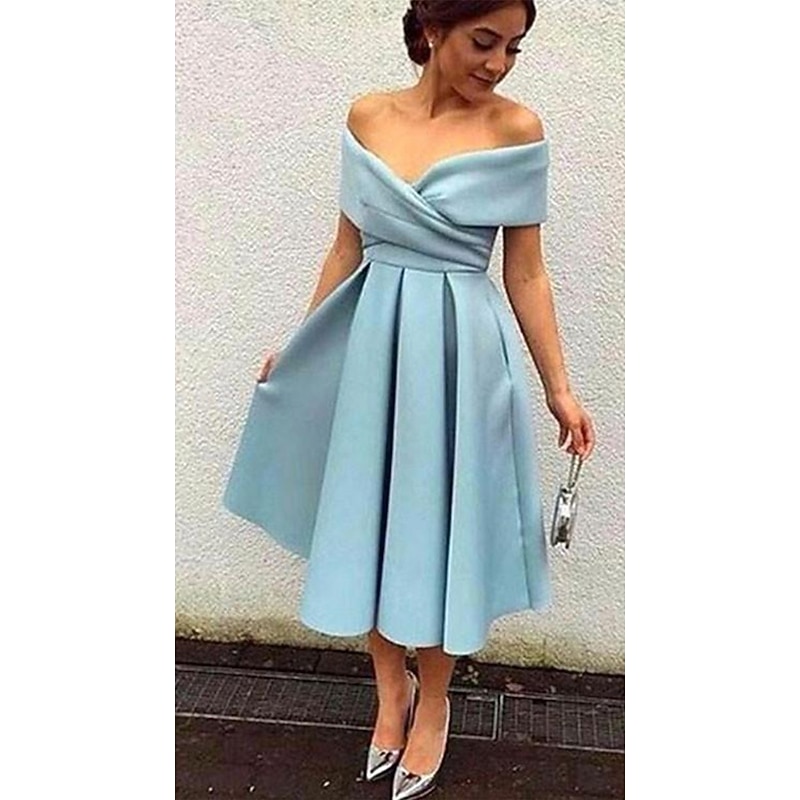 Beach Wedding A-Line Cocktail Dresses Elegant Dress Wedding Guest Homecoming Tea Length Short Sleeve V Neck Stretch Fabric V Back with Pleats Dresses4