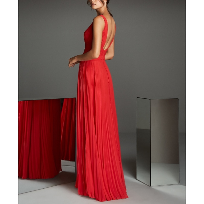 A-Line Evening Gown Empire Dress Engagement Formal Evening Floor Length Sleeveless V Neck Bridesmaid Dress Chiffon with Pleats2