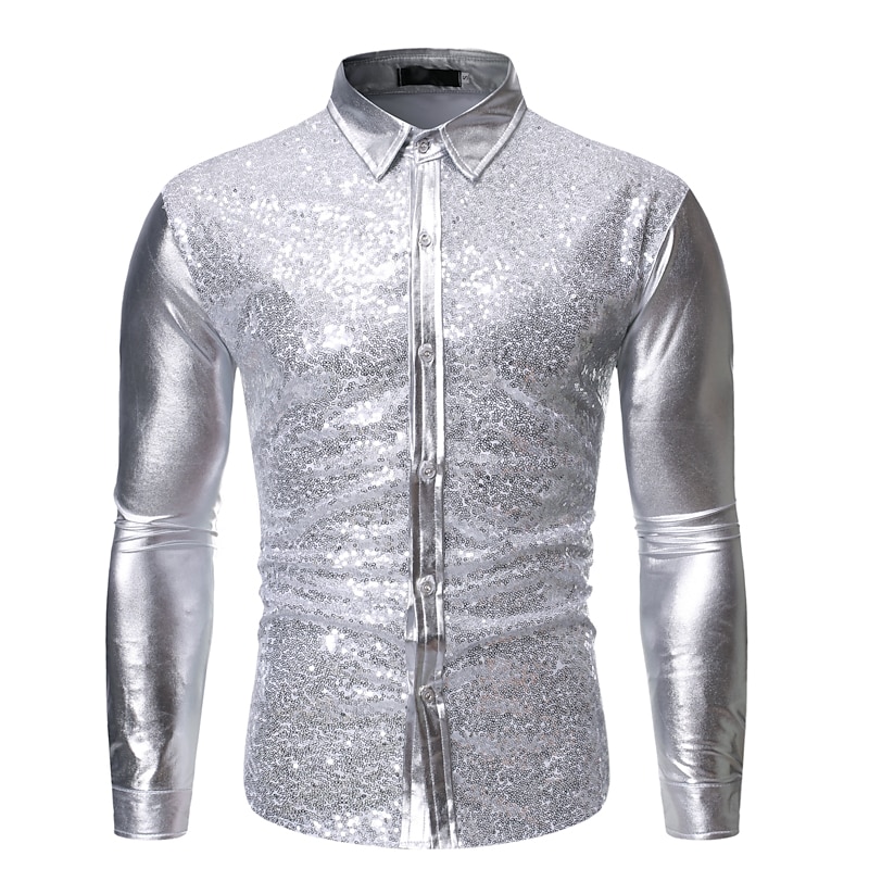 Men's Prom Shirt Disco Shirt Satin Silk Shirt Solid Color Wedding Party Silver Black Wine Blue Long Sleeve Collar Clothing Apparel Sequins2