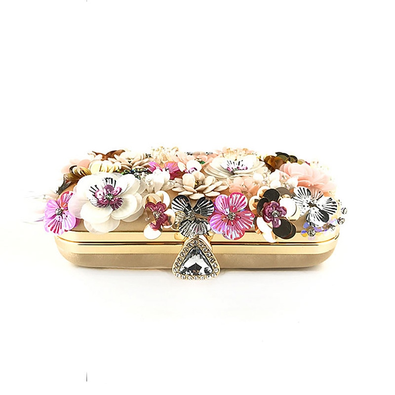 Women's Floral Embellished Evening Clutch – 3D Flower Handbag with Gold Chain Strap for Weddings, Proms, and Formal Parties3