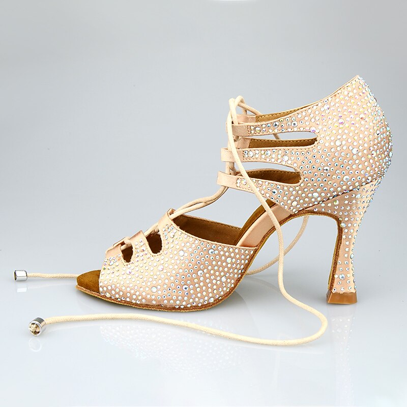 Women's Latin Shoes Party Training Performance Glitter Crystal Sequined Jeweled Heel Sparkling Glitter Crystal / Rhinestone Flared Heel Lace-up Black Almond / Satin3