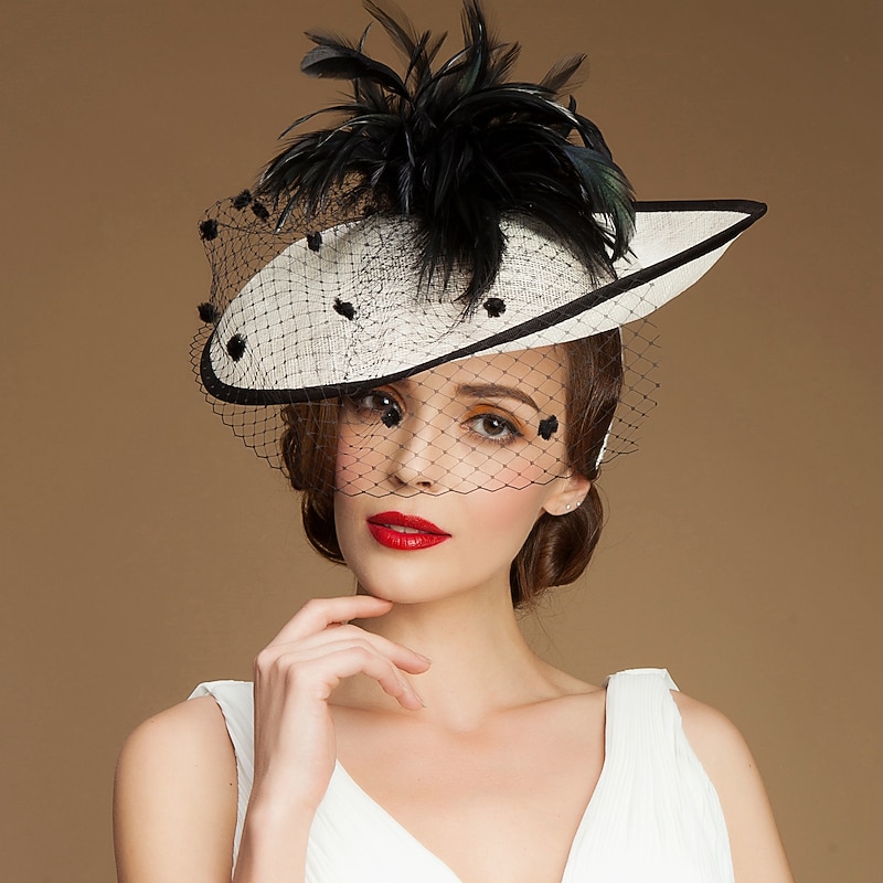 Headbands Fascinators Kentucky Derby Hat 100% Linen Bucket Hat Saucer Hat Special Occasion Party / Evening Cocktail Royal Astcot With Feather Headpiece Headwear2